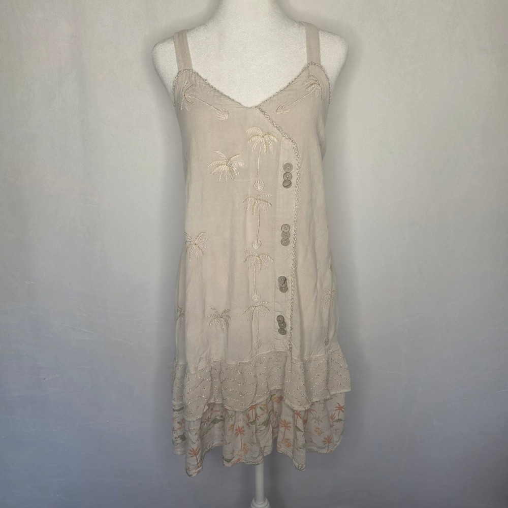 Boho Palm Tree Embroidered Tiered Ruffle Sundress Beige Tropical